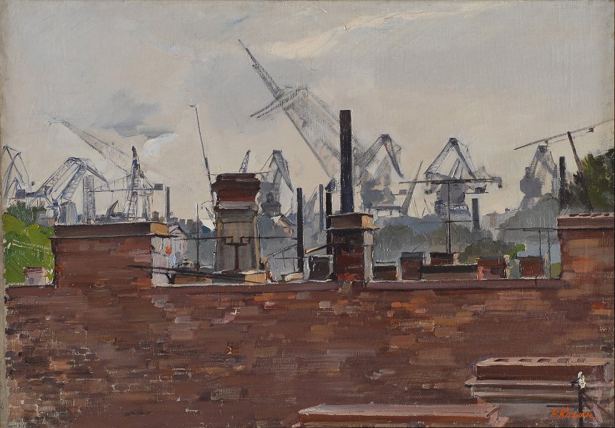 Leningrad urban scenery with cranes 1964 70x100